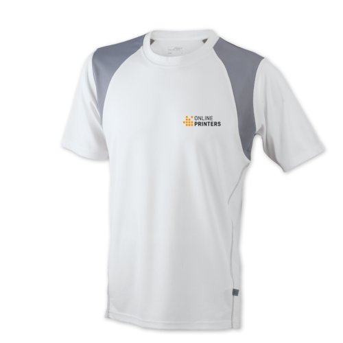 Hvid polyester lbe-t-shirt til mnd med korte rmer.