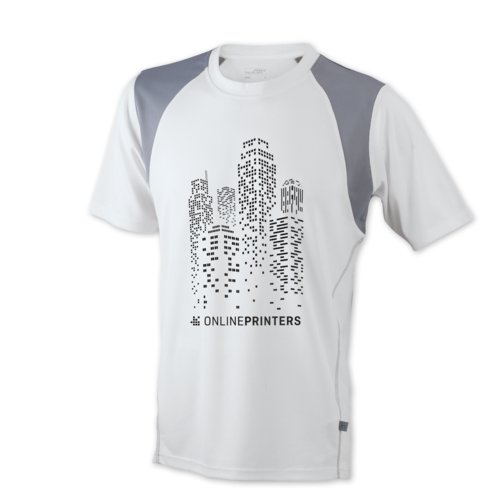 Hvid polyester lbe-t-shirt til mnd med korte rmer.