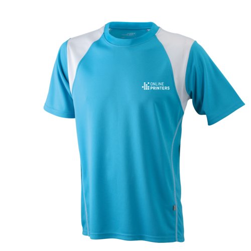Lysebl og hvid polyester lbe-t-shirt til mnd med korte rmer.