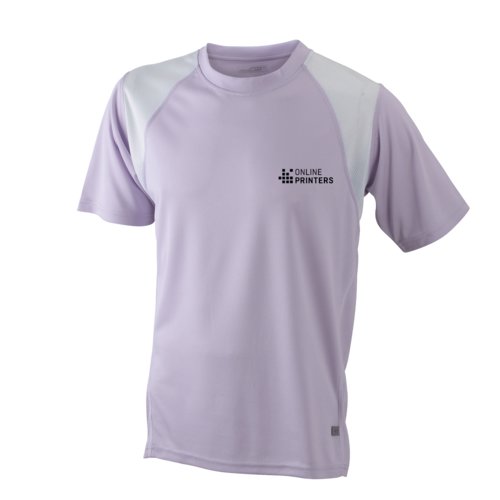 Lilla/hvid polyester lbe-t-shirt til mnd med korte rmer.