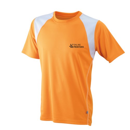 Orange polyester lbe-t-shirt til mnd med korte rmer.