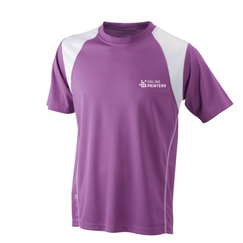 Violet og hvid polyester lbe-t-shirt til mnd med korte rmer.
