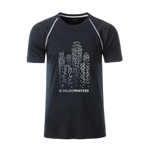 Sort og hvid polyester sports-T-shirt til herrer med korte rmer.