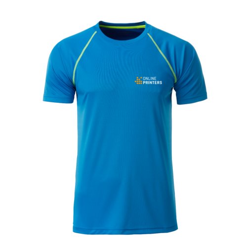 Bl polyester T-shirt med korte rmer.