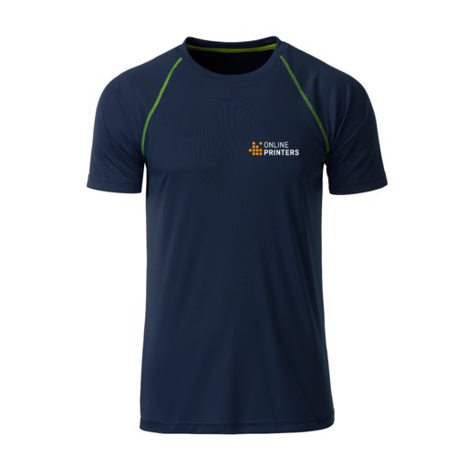 Navy polyester T-shirt til mnd med korte rmer.