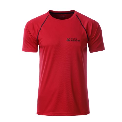 Rd polyester T-shirt med korte rmer.