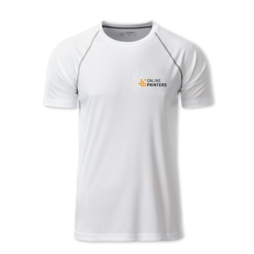 Hvid polyester T-shirt til mnd med korte rmer.