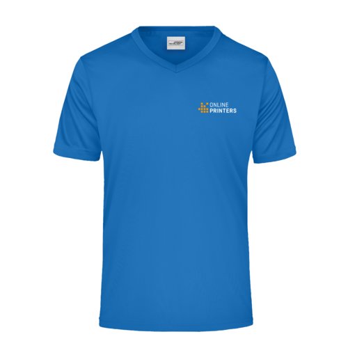 Kongebl polyester V-hals t-shirt til mnd med korte rmer.