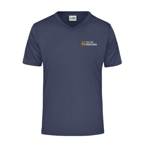 Sort-bl polyester V-hals t-shirt med korte rmer.