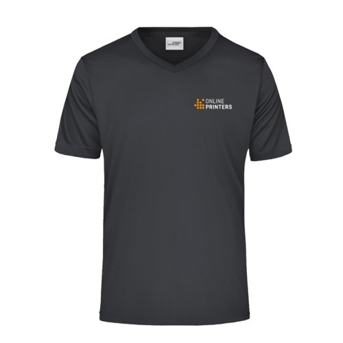 Sort polyester T-shirt med V-udskring og korte rmer.