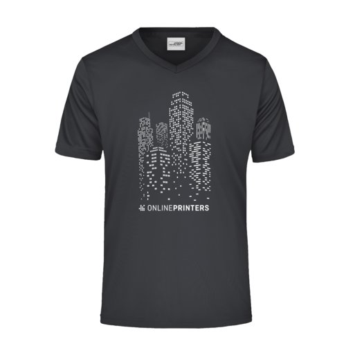 Sort polyester V-hals T-shirt til mnd med korte rmer.