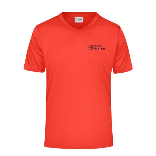 Rd polyester V-shirt med korte rmer.