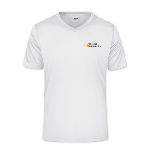 Hvid polyester V-shirt med korte rmer.