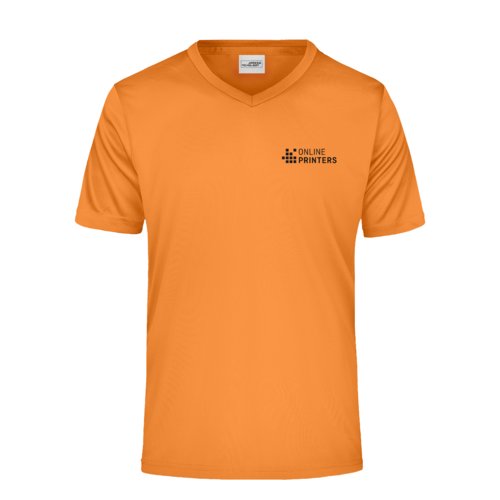 Orange polyester V-shirt til mnd med korte rmer.