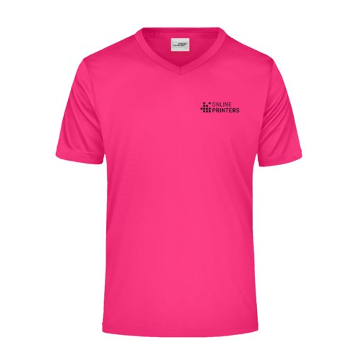 Pink polyester V-hals t-shirt til mnd med korte rmer.