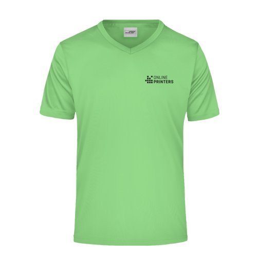 blegrn polyester V-neck T-shirt med korte rmer.