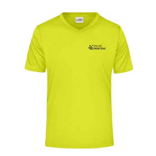 Neongul polyester V-hals T-shirt til mnd med korte rmer.