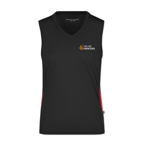 Sort og rd polyester tanktop med V-hals til damer.