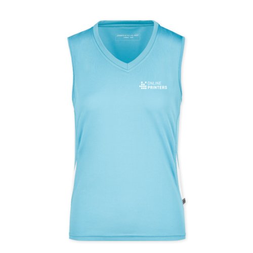 Lysebl polyester tanktop til damer med V-hals.