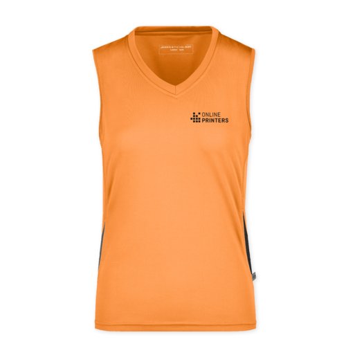 Orange polyester tanktop til damer med V-hals.