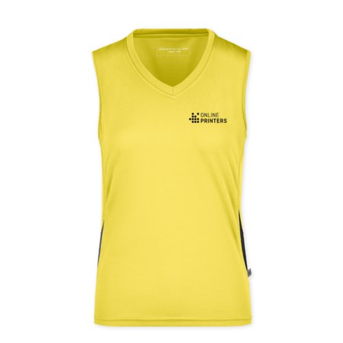 Gul polyester tanktop til damer med V-hals.