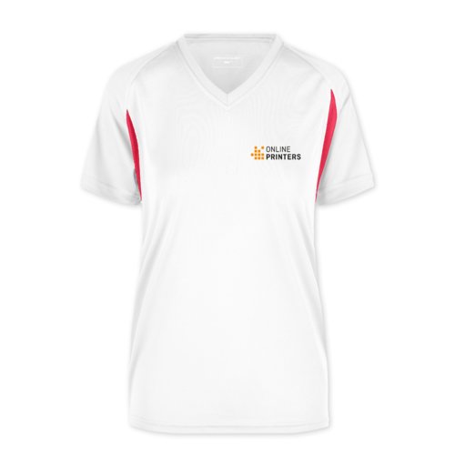 Hvid og rd polyester funktions T-shirt til damer med V-hals.