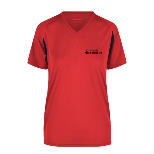 Rd polyester funktionel T-shirt til damer med V-hals og korte rmer.