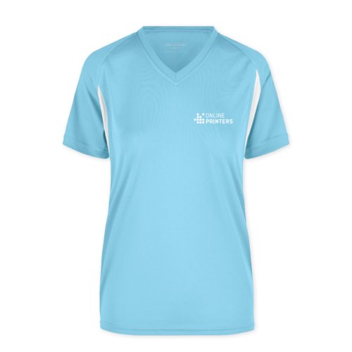 Lysebl polyester funktionel t-shirt med v-hals og korte rmer.