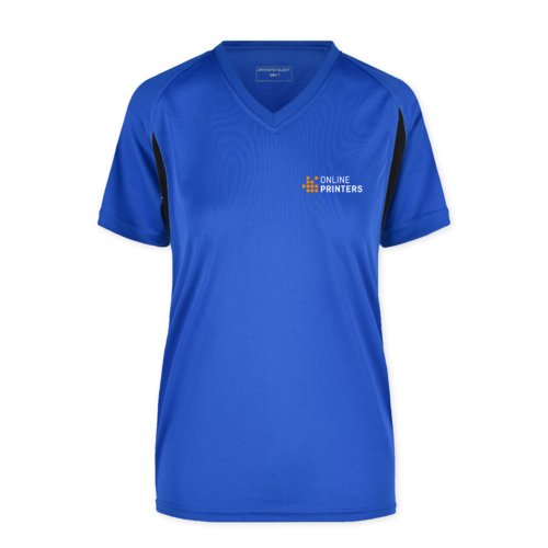 Royal bl polyester funktions T-shirt til damer med V-hals.