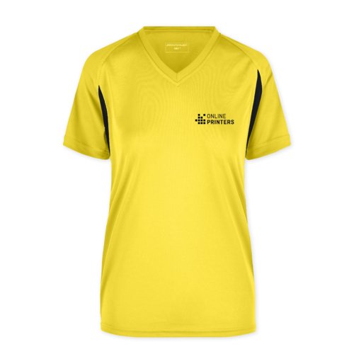 Gul polyester funktions T-shirt med V-hals og korte rmer.