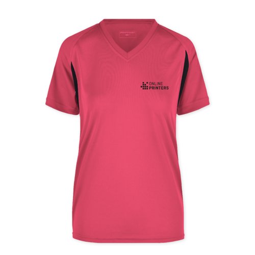 Pink polyester funktionel dame T-shirt med V-hals.