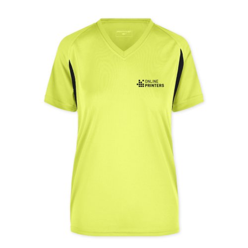 Neongul polyester funktionel T-shirt til damer med V-hals.