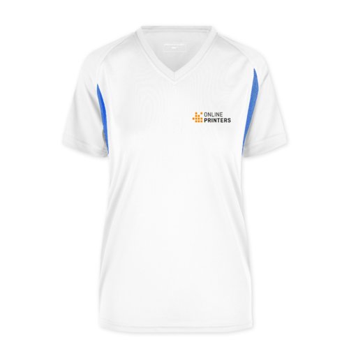 Hvid og bl polyester funktions t-shirt til damer med V-hals.