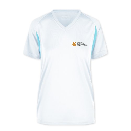 Hvid og lysebl funktionel polyester T-shirt med V-udskring til damer.