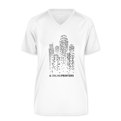Hvid polyester funktionel dame-t-shirt med V-hals.