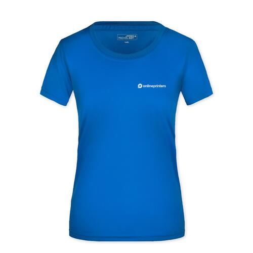 Royal bl� polyester T-shirt til damer med korte �rmer.