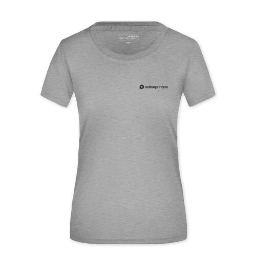 Gr�meleret polyester T-shirt til damer med korte �rmer.