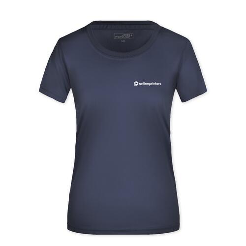 M�rkebl� polyester T-shirt til damer.
