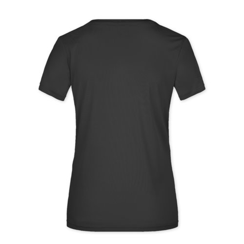 Sort polyester dame-T-shirt med korte rmer.