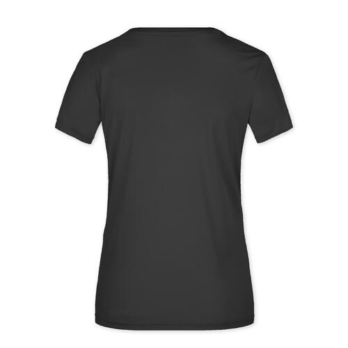 Sort polyester dame-T-shirt med korte �rmer.