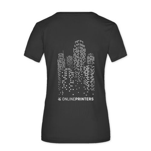 Sort polyester T-shirt til damer med korte rmer.