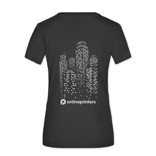 Sort polyester T-shirt til damer med korte �rmer.