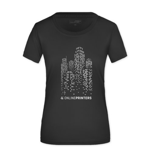 Sort polyester T-shirt til damer med korte rmer.