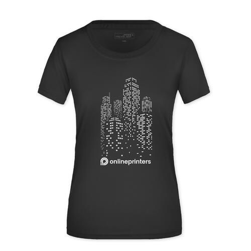 Sort polyester T-shirt til damer med korte �rmer.