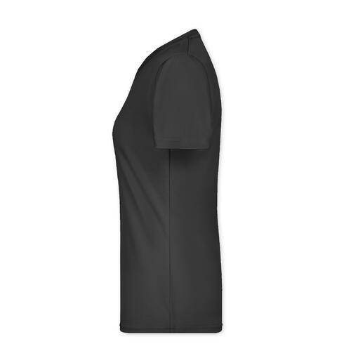 Sort polyester T-shirt til damer med korte �rmer.