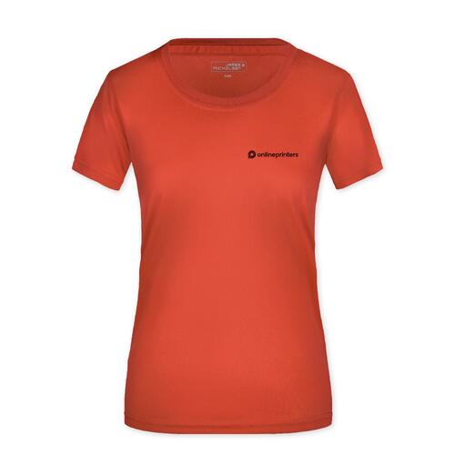 R�d polyester T-shirt til damer.