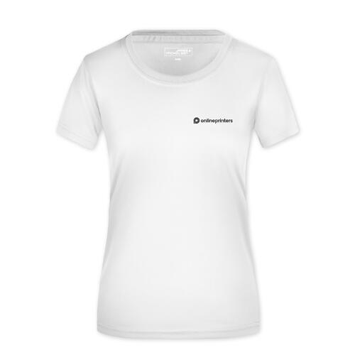 Hvid polyester T-shirt til damer med korte �rmer.