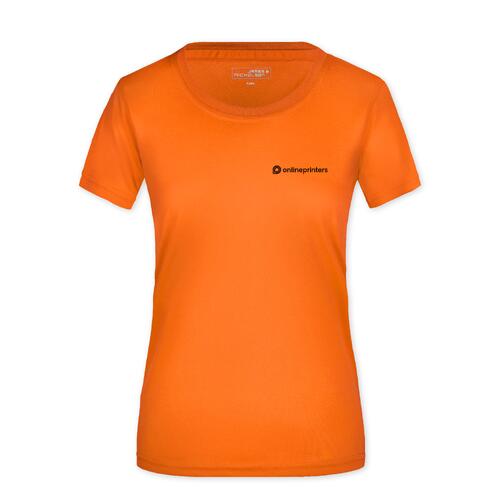 Orange polyester T-shirt til damer med korte �rmer.