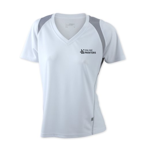 Hvid dame lbe T-shirt i polyester med V-udskring.
