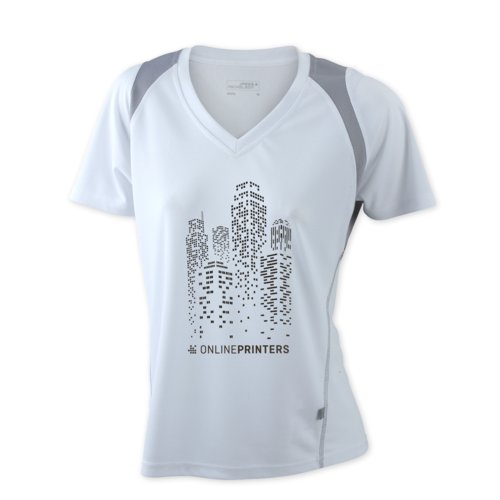 Hvid polyester lbe-T-shirt til damer med V-hals og korte rmer.